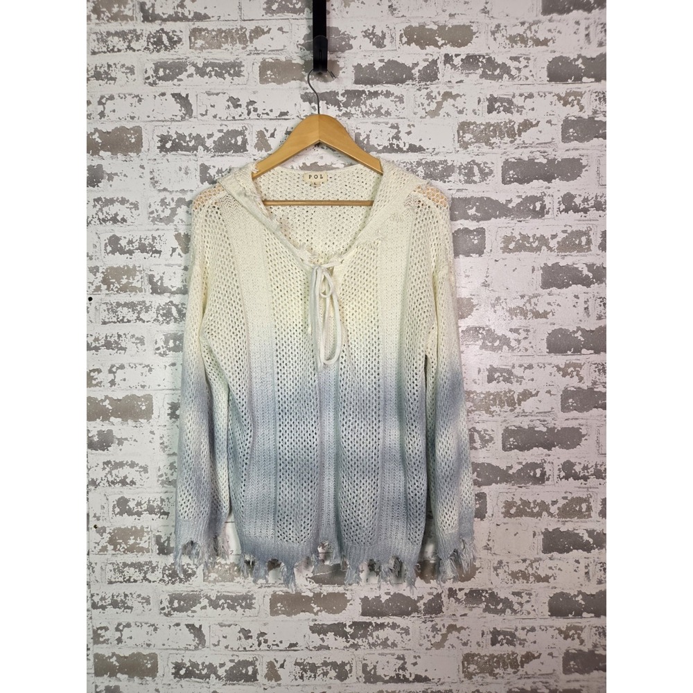 POL Baja Hooded Top Blue Ombre Large Open Knit Distressed Boho Coastal‎ Festival